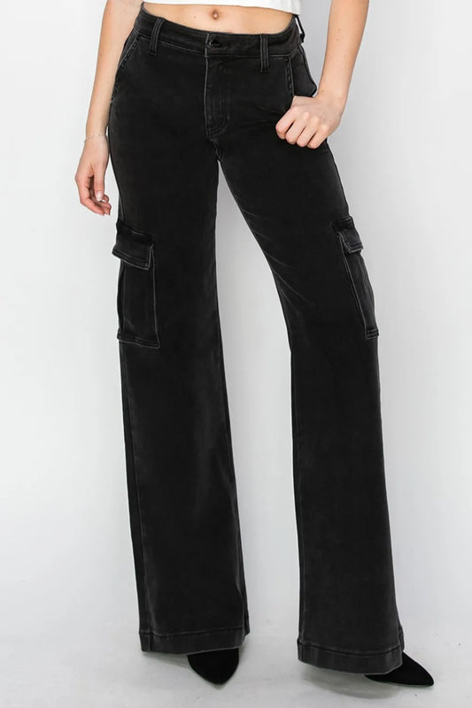 Risen full size high rise wide leg cargo jeans by Trendsi, featuring multiple pockets and a relaxed fit in denim fabric.