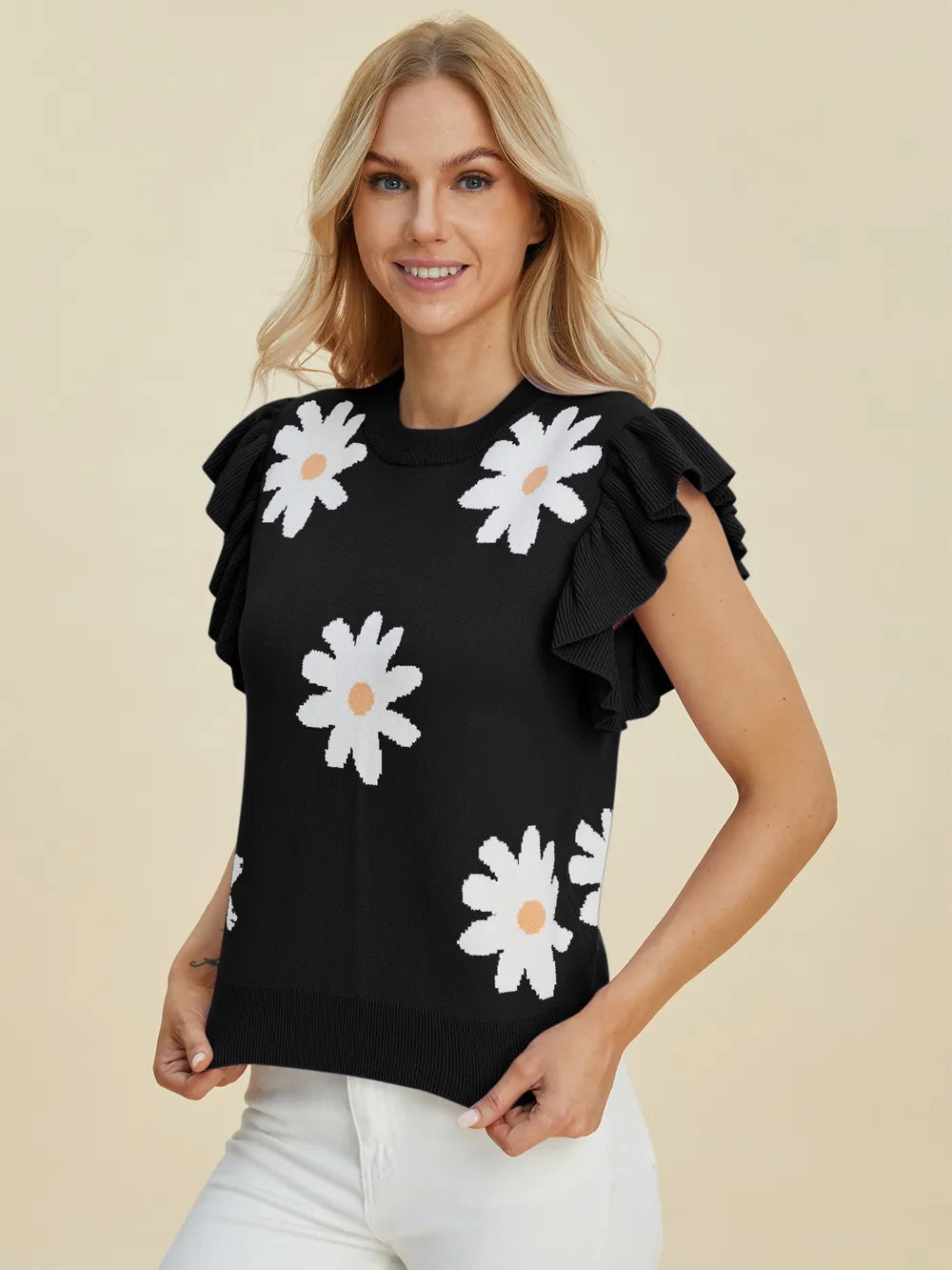 Trendsi Double Take full-size ruffled flower round neck cap sleeve sweater with floral design and ruffle details.