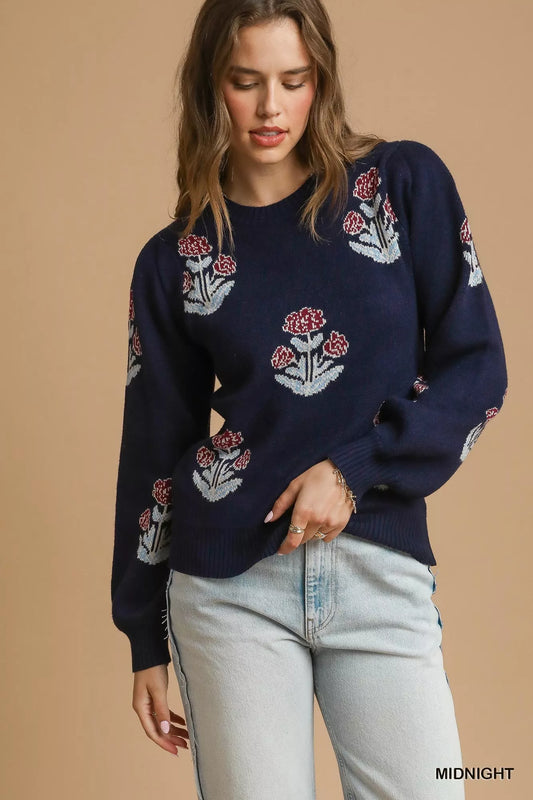 Trendy Umgee floral knit sweater with puff sleeves, featuring a colorful floral pattern and cozy knitted fabric.