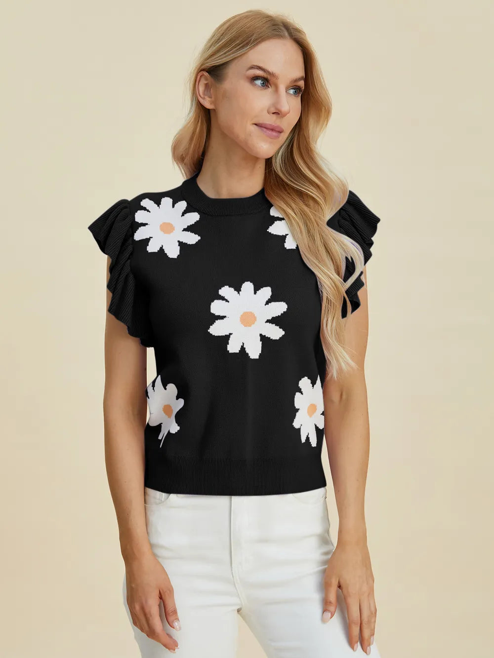 Trendsi Double Take full-size ruffled flower round neck cap sleeve sweater showing floral ruffle details and soft fabric.