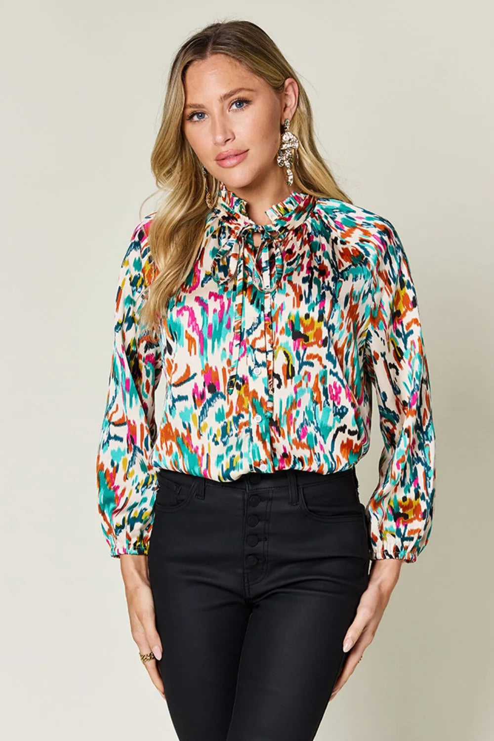 Plus size Trendsi Double Take printed button-up long sleeve shirt with a stylish full-size design and vibrant pattern.