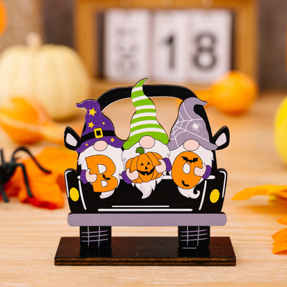 Three Halloween-themed car-shape ornaments in orange, black, and purple with spooky designs, perfect for festive vehicle decor.