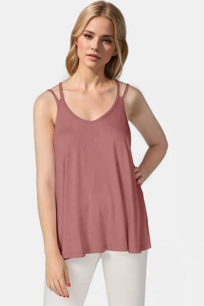 Trendsi Basic Bae bamboo camisole with scoop neck and double spaghetti straps, made from soft, breathable fabric, shown on a hanger.