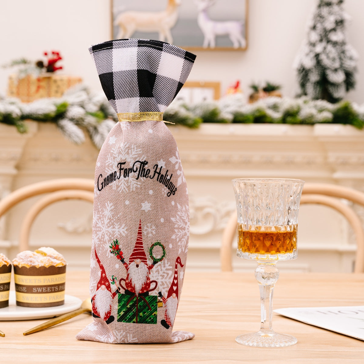 Two Christmas plaid wine bottle covers with festive red and green patterns, designed to fit standard wine bottles.
