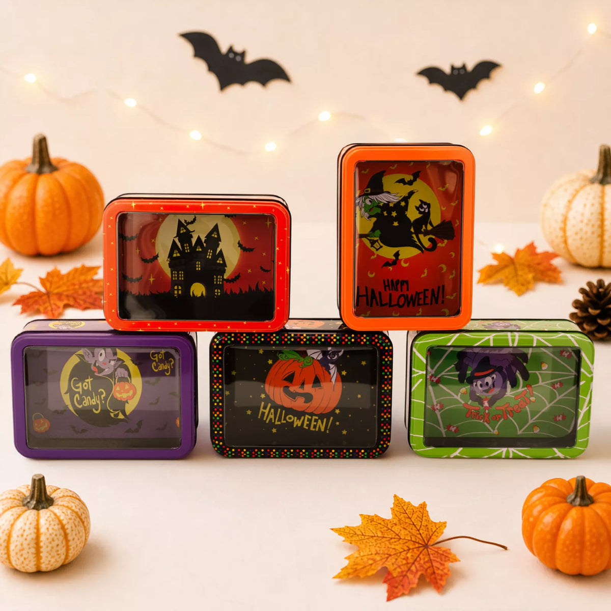 Halloween decorative metal storage box with window display, featuring spooky design and sturdy construction by Trendsi.