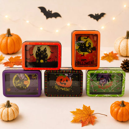 Halloween decorative metal storage box with window display, featuring spooky design and sturdy construction by Trendsi.