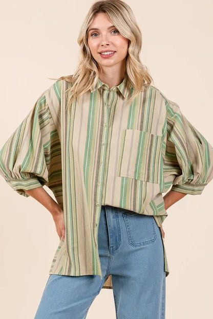 Striped bubble sleeve button-down shirt from Mittoshop by Trendsi, featuring bold stripes and a relaxed fit.