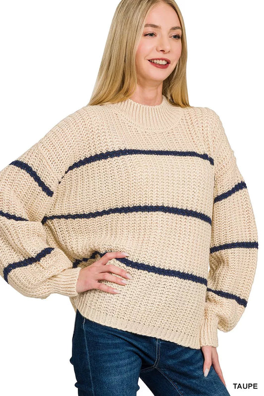 Zenana oversized striped sweater in soft knit with relaxed fit, featuring horizontal navy and white stripes.
