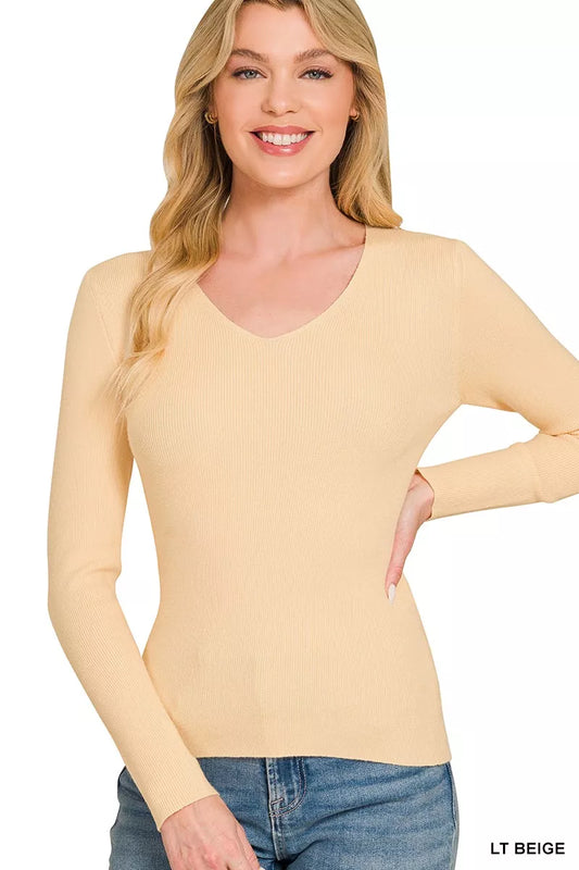 Viscose fitted V-neck sweater by Zenana featuring a sleek design, shown in a natural pose with soft fabric details.