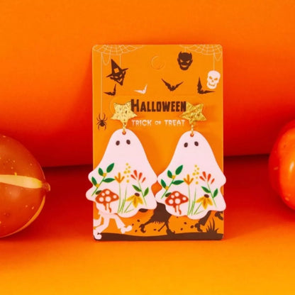 Whimsical ghost earrings with floral design, trendy jewelry featuring playful ghost shapes and colorful flower accents.