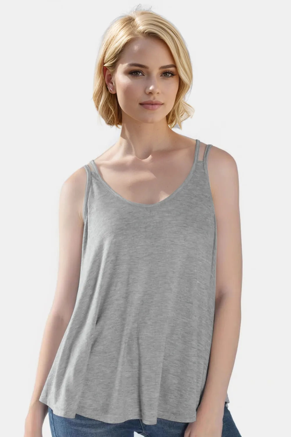Trendsi Basic Bae bamboo cami with scoop neck and double spaghetti straps, lightweight and comfortable women's tank top.