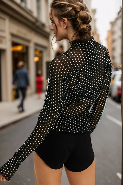 Printed mock neck long sleeve top with frill details, trendy full size blouse from Trendsi