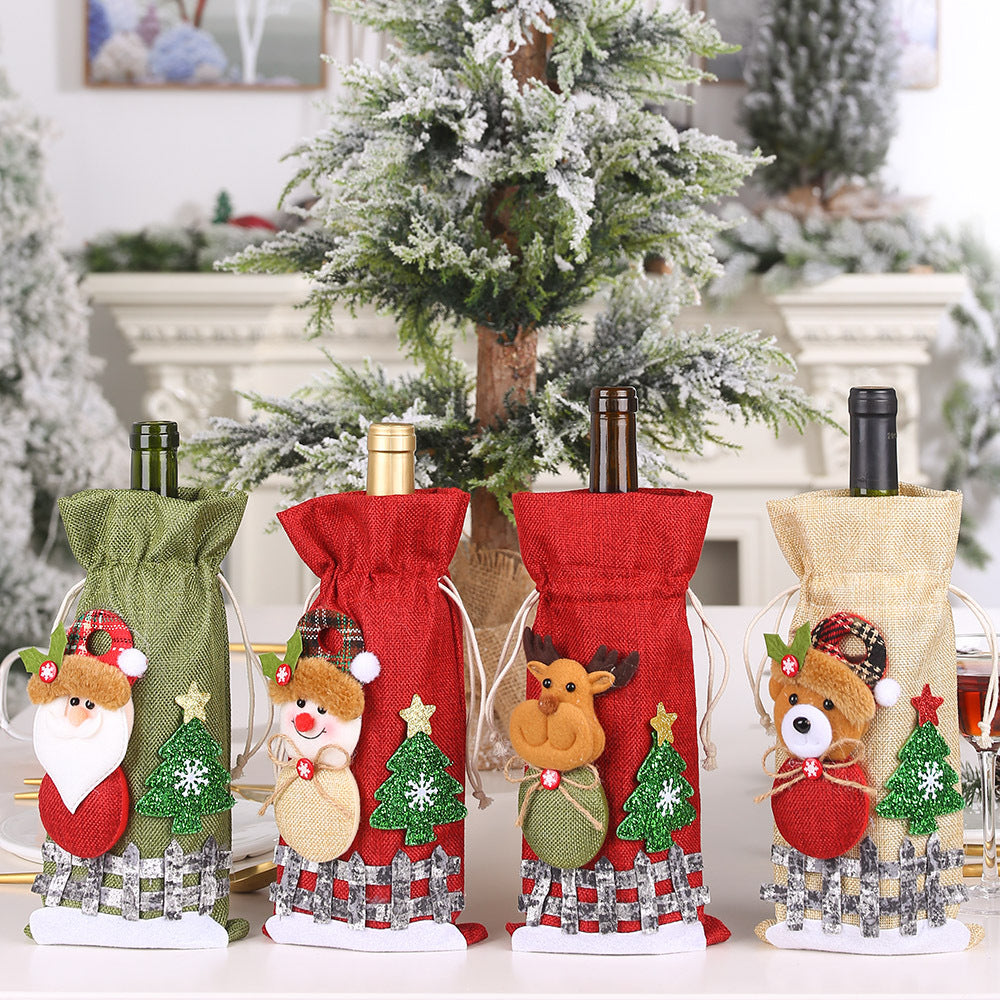 Two festive Christmas doll wine bottle covers with colorful patterns, designed to decorate wine bottles for the holiday season.