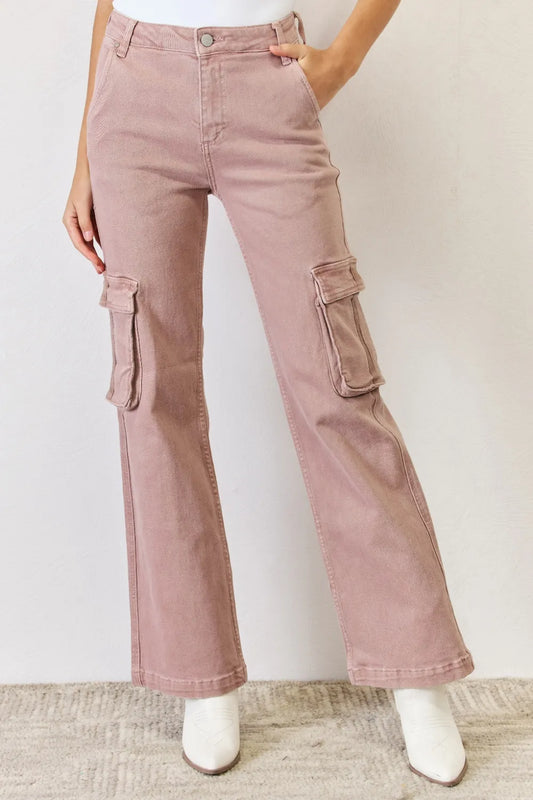Risen full size high rise cargo wide-leg jeans in denim with large front pockets and relaxed fit, styled for casual wear