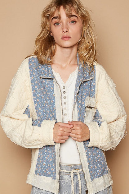 POL Floral Patchwork Zip Up Long Sleeve Jacket