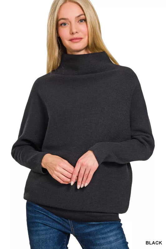 Viscose dolman sleeve mock neck sweater by Zenana, featuring a cozy fit and stylish design in a neutral color.