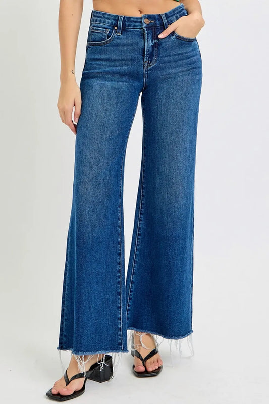 RISEN high rise wide leg jeans with tummy control, stylish denim from Trendsi, showing the fit and design details in the image.