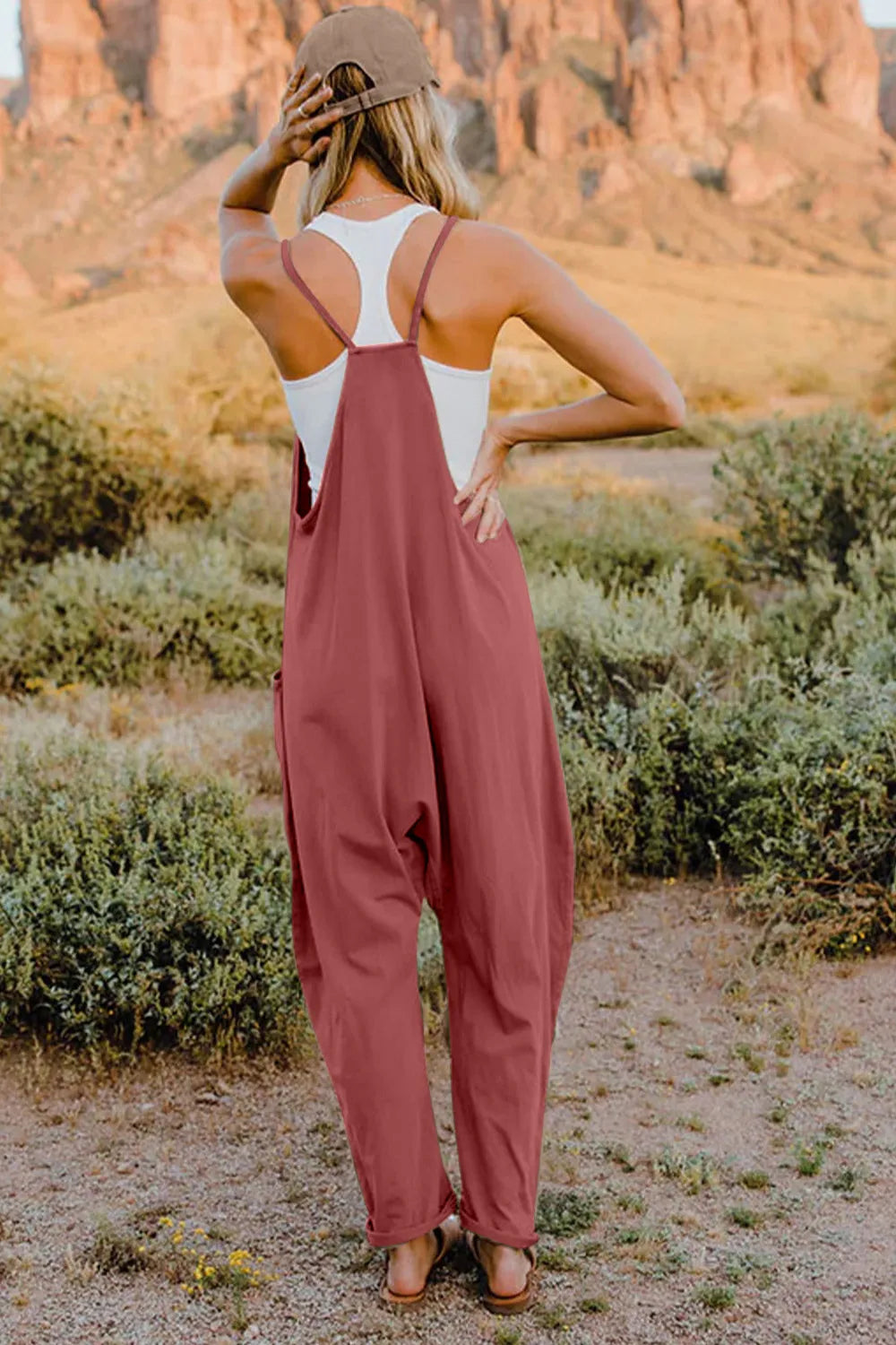 Full size Trendsi double take v-neck sleeveless jumpsuit with pockets, shown in a front view.
