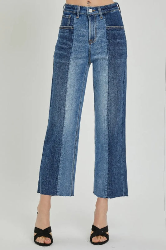 Risen full-size mid-rise two-tone jeans with pockets, featuring a stylish waist design, from Trendsi.
