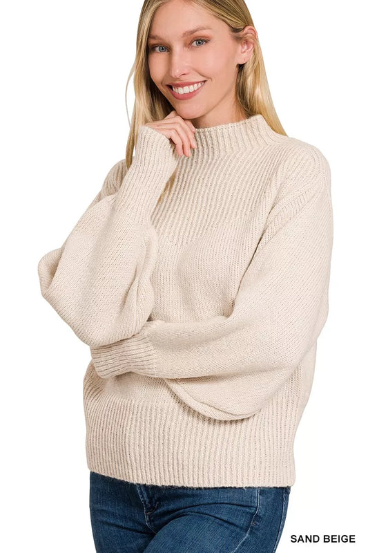 Light pink Zenana balloon sleeve mock neck sweater with ribbed cuffs and hem, featuring a cozy, stylish fit.