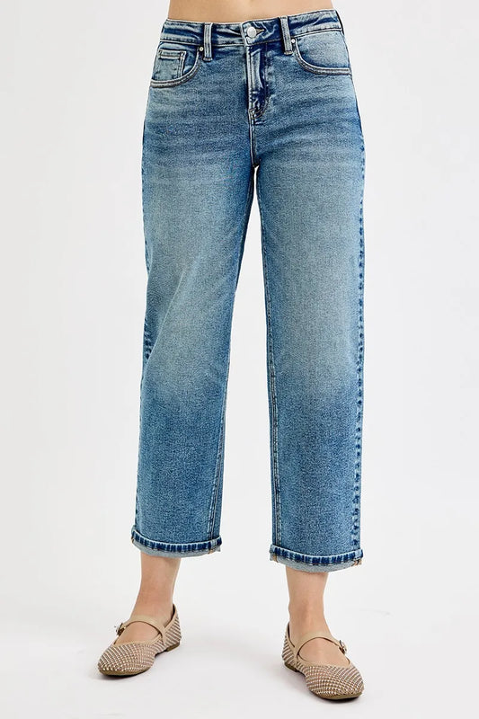 Plus size RISEN high rise crop boyfriend jeans by Trendsi, showing the relaxed fit and distressed details on denim.