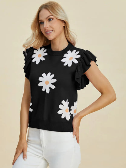 Double Take ruffled flower round neck cap sleeve sweater by Trendsi, featuring a full size, floral design, and ruffled details.