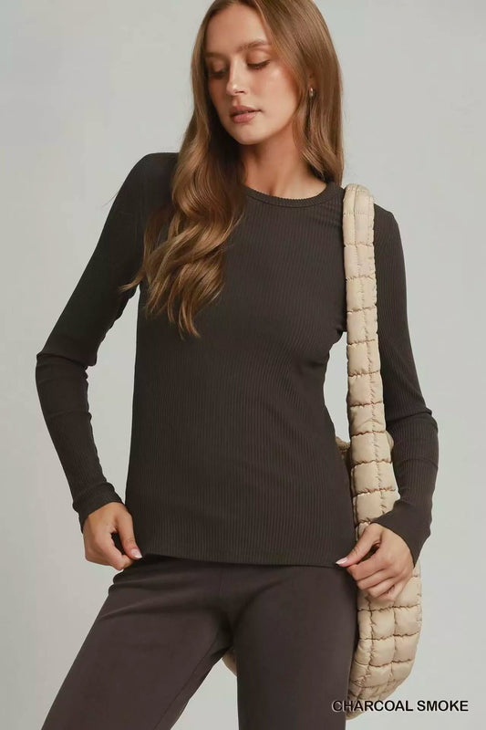 Soft brushed rib long sleeve top from Umgee, featuring a relaxed fit and classic design, ideal for casual wear.