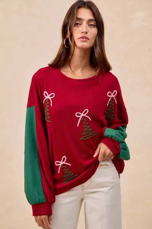 Trendsi BiBi Christmas themed tree embroidered sweater featuring festive holiday design and cozy knit fabric.