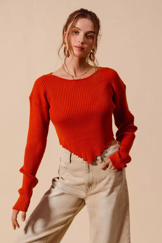 Trendsi SO ME rib knitted crop sweater top with shaped hem, featuring a fitted design and textured knit fabric.