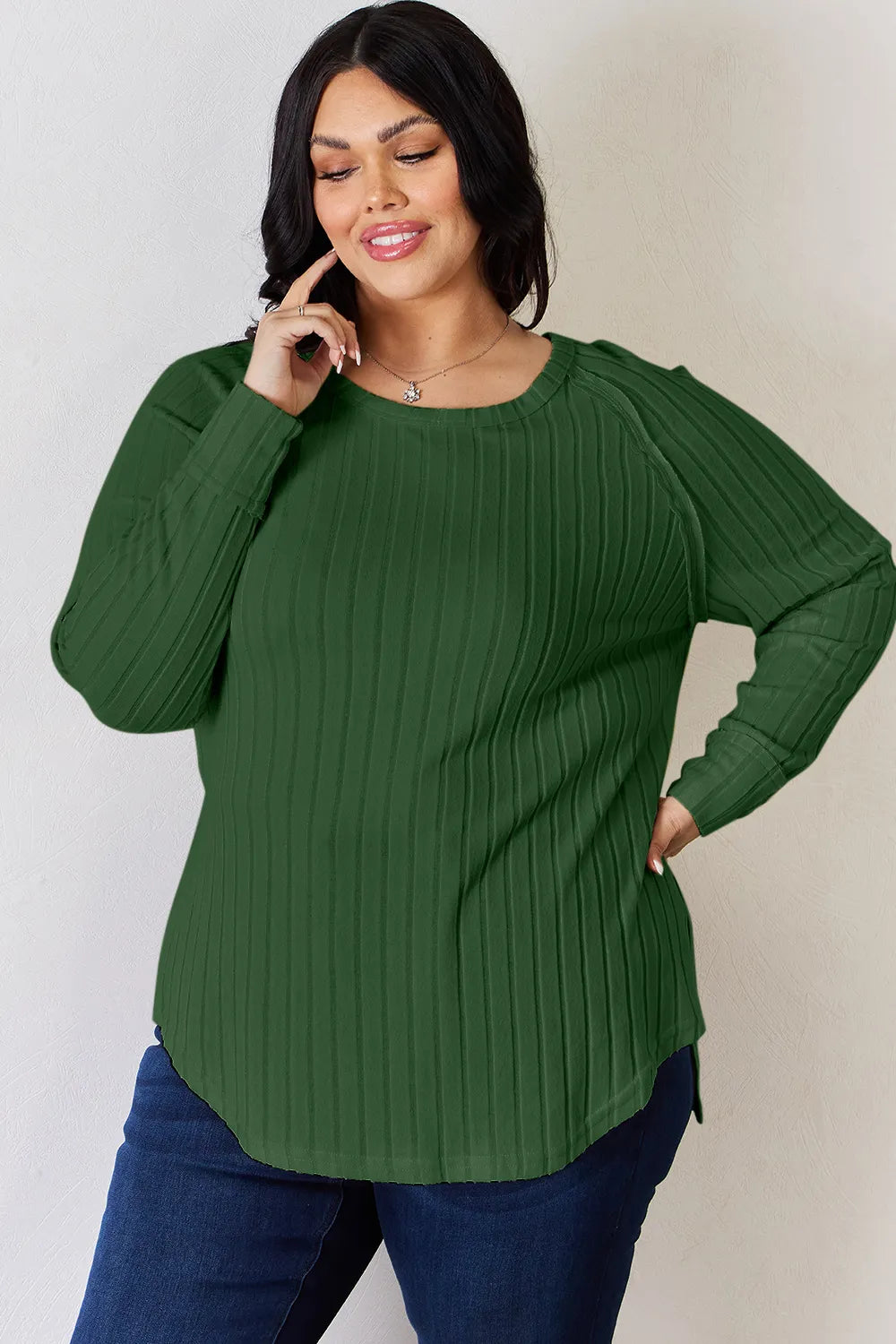 Basic Bae ribbed round neck slit T-shirt by Trendsi, full size, featuring a ribbed texture and a classic round neckline.