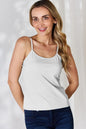 Full size Basic Bae slim cami with round neck in plus size, black, from Trendsi, featuring a close-up of the fitted, sleeveless top.