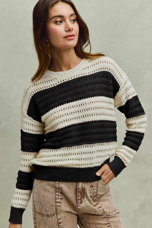 Trendsi SO ME openwork round neck sweater with wide stripes and textured knit in a stylish, lightweight design.