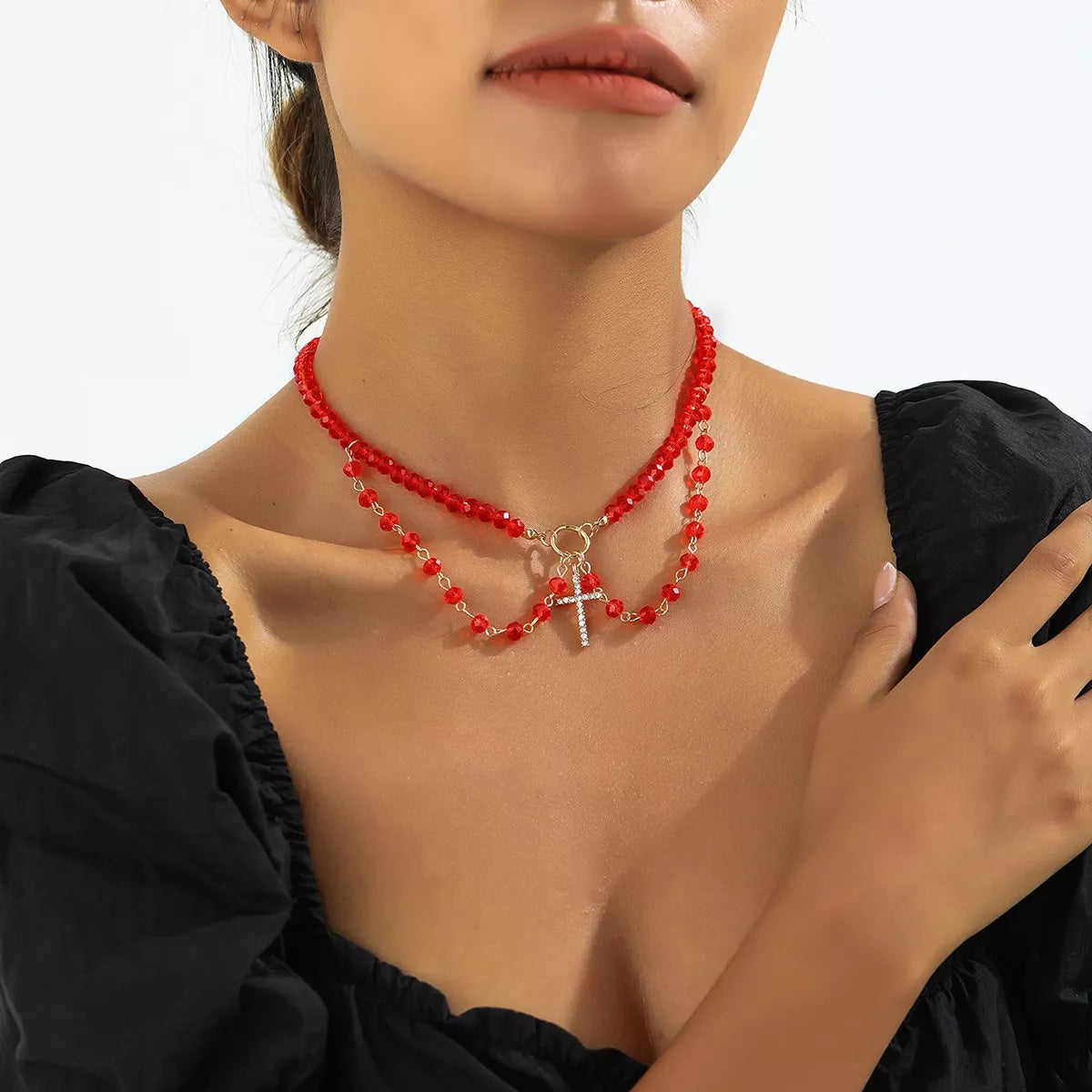 Halloween beaded cross pendant necklace with intricate bead details and a silver-tone chain, stylish accessory for Halloween costumes