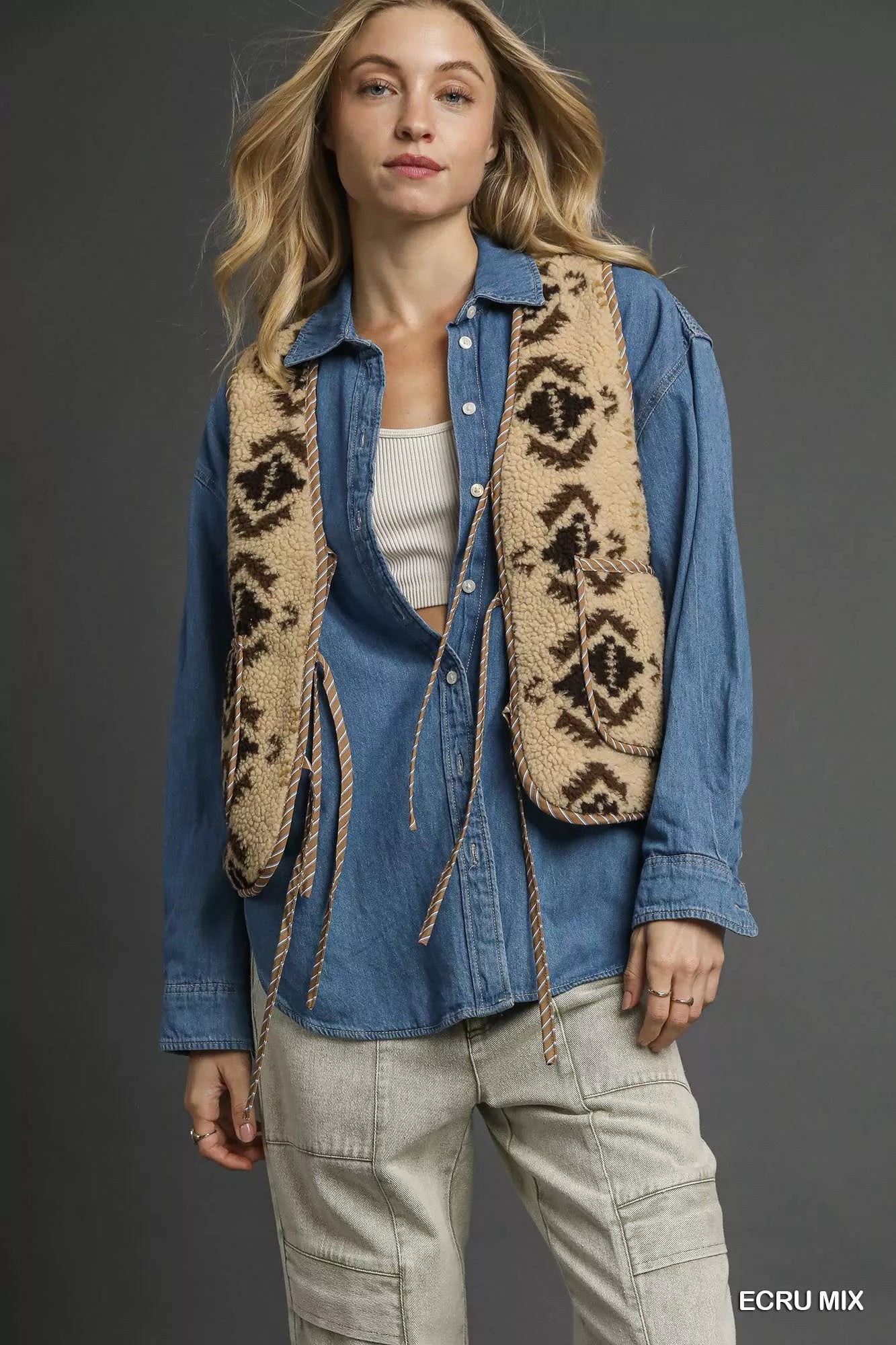 Ecru mix patterned Sherpa tie-front vest by Umgee featuring a cozy, textured fabric and stylish front tie detail.