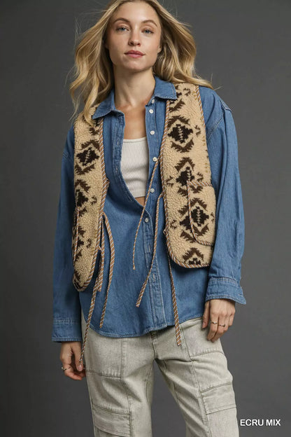 Ecru mix patterned Sherpa tie-front vest by Umgee featuring a cozy, textured fabric and stylish front tie detail.