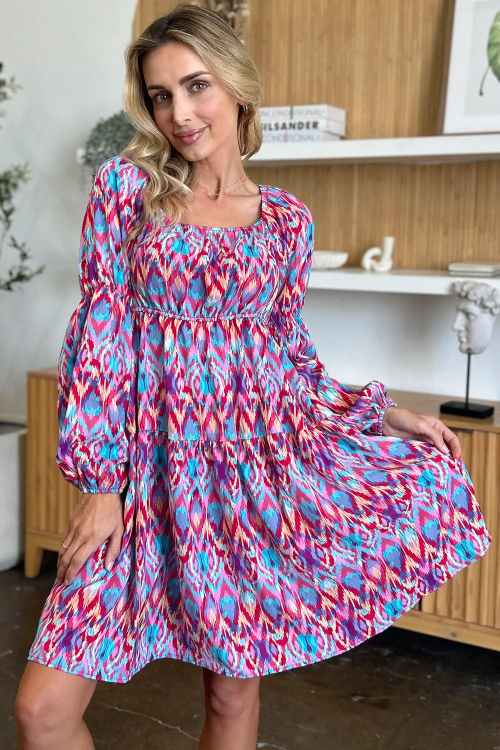 Long sleeve printed dress from Double Take, full size, featuring a stylish pattern and comfortable fit, shown on a mannequin.