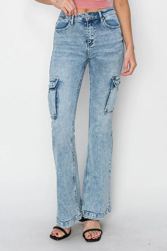 Risen full size high rise cargo flare jeans by Trendsi, showing their stylish fit and functional side pockets on a model.