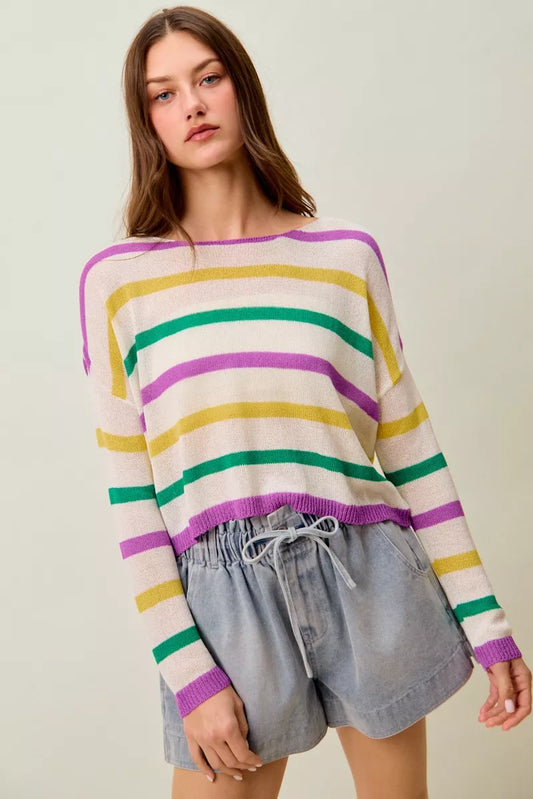 Trendsi SO ME Mardi Gras color stripe lightweight sweater top with vibrant, multicolored horizontal stripes on soft fabric.