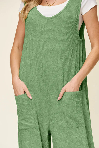 Trendsi Double Take full size sleeveless jumpsuit with textured fabric and wide-leg design, casual and stylish for everyday wear.