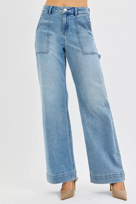 Plus size RISEN high rise straight leg jeans with front pockets, made by Trendsi, shown in a full size fit.
