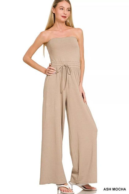 Zenana tube top jumpsuit with drawstring waist, featuring a fitted bodice and casual style, ideal for trendy summer wear.