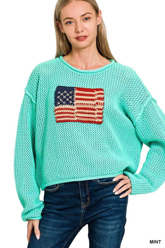 American flag crew neck sweater by Zenana, featuring a patriotic design with a comfortable fit and casual style.