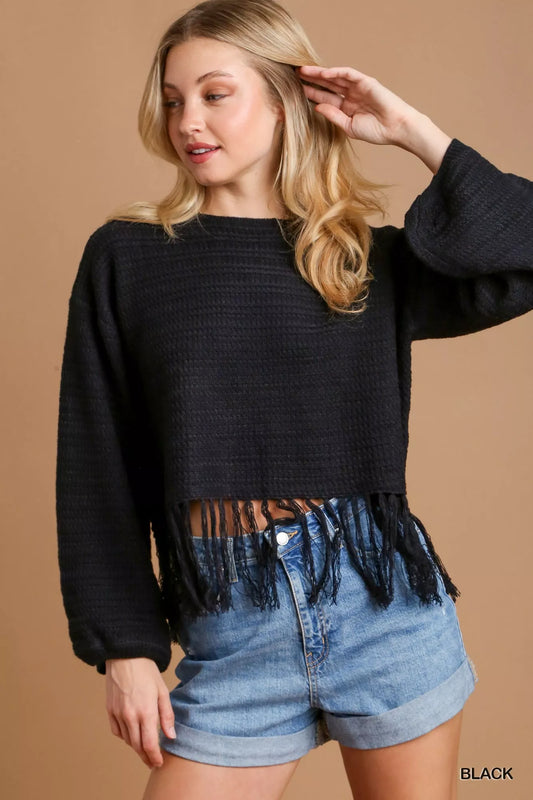 Umgee crochet knit crop top with frey hem, featuring intricate crochet pattern and stylish cropped design.