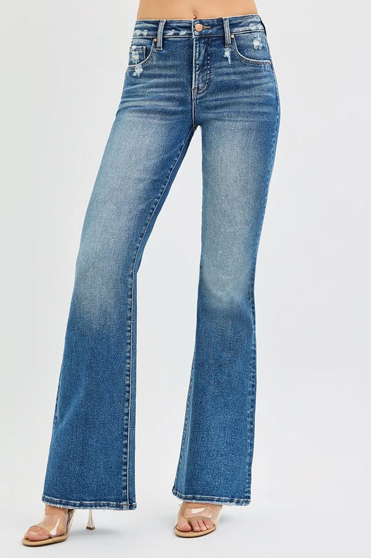 Plus size RISEN high rise flare jeans with tummy control from Trendsi, featuring a full size fit and stylish design.