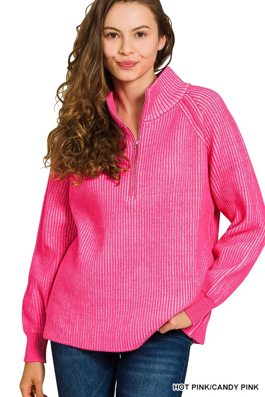 Light grey and cream Zenana ribbed two-tone half zip sweater with a high collar, shown on a model.