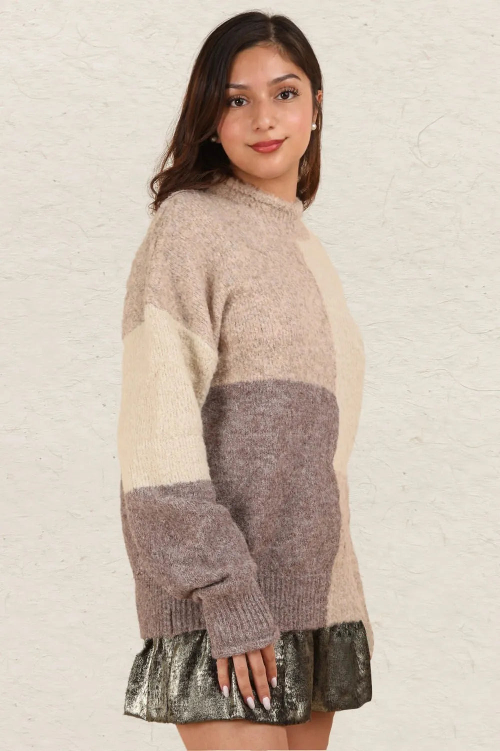 Trendsi Very J color block mock neck drop shoulder sweater with bold, contrasting blocks and cozy knit fabric.