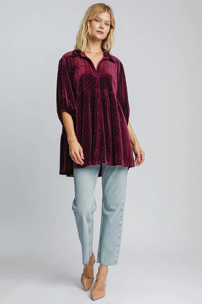Umgee full size polka dot button-up half sleeve shirt, stylish casual top with black and white polka dots, perfect for everyday wear.