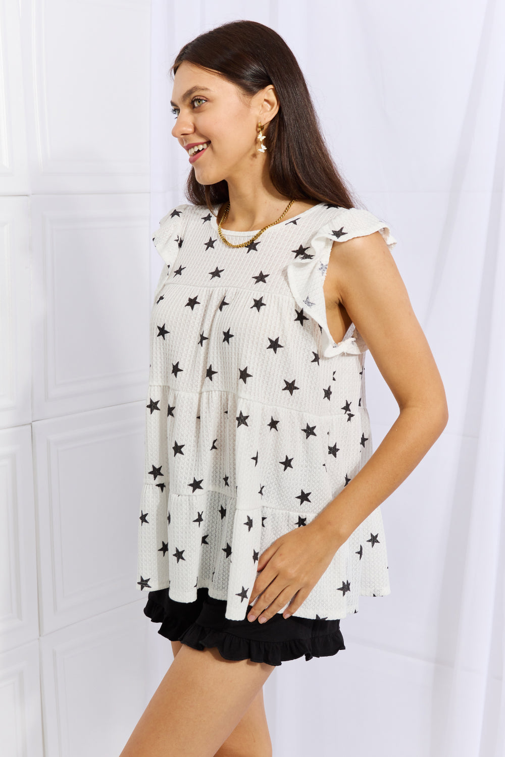 Heimish Shine Bright butterfly sleeve star print top with full size fit, featuring a stylish and lightweight design.