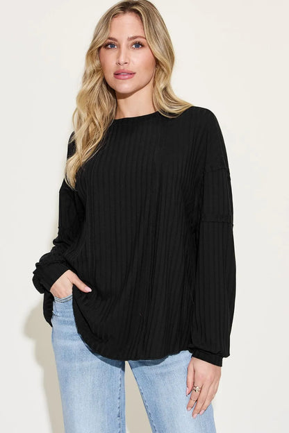 Trendsi Basic Bae full size ribbed round neck long sleeve T-shirt in neutral color, showcasing its fitted ribbed fabric and classic design.