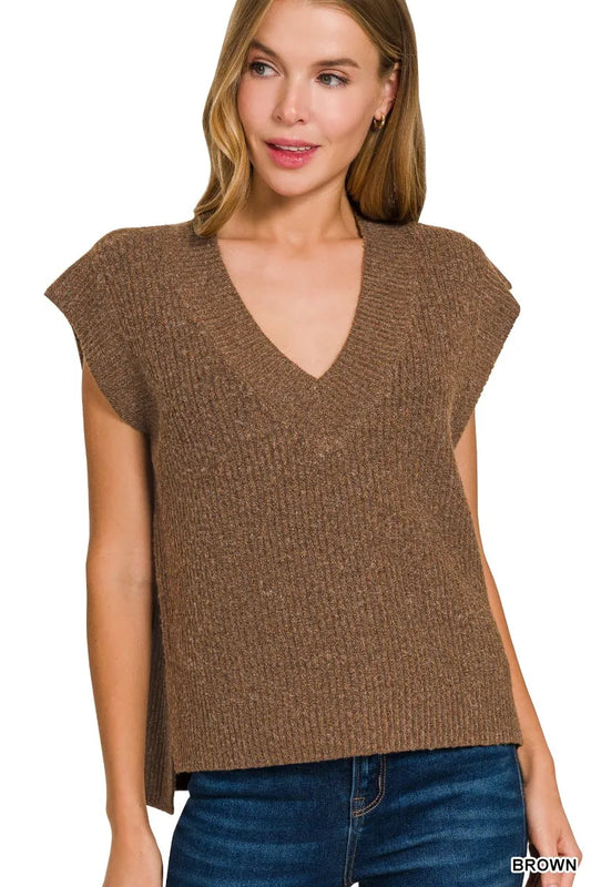Oversized Zenana sweater vest with side slit, featuring a relaxed fit and soft knit fabric, perfect for layered casual outfits.
